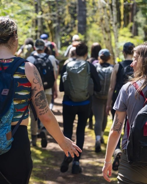 Students on a group walk down a forest path, illustrative of CIFAL Victoria's third pillar of global health and well-being.