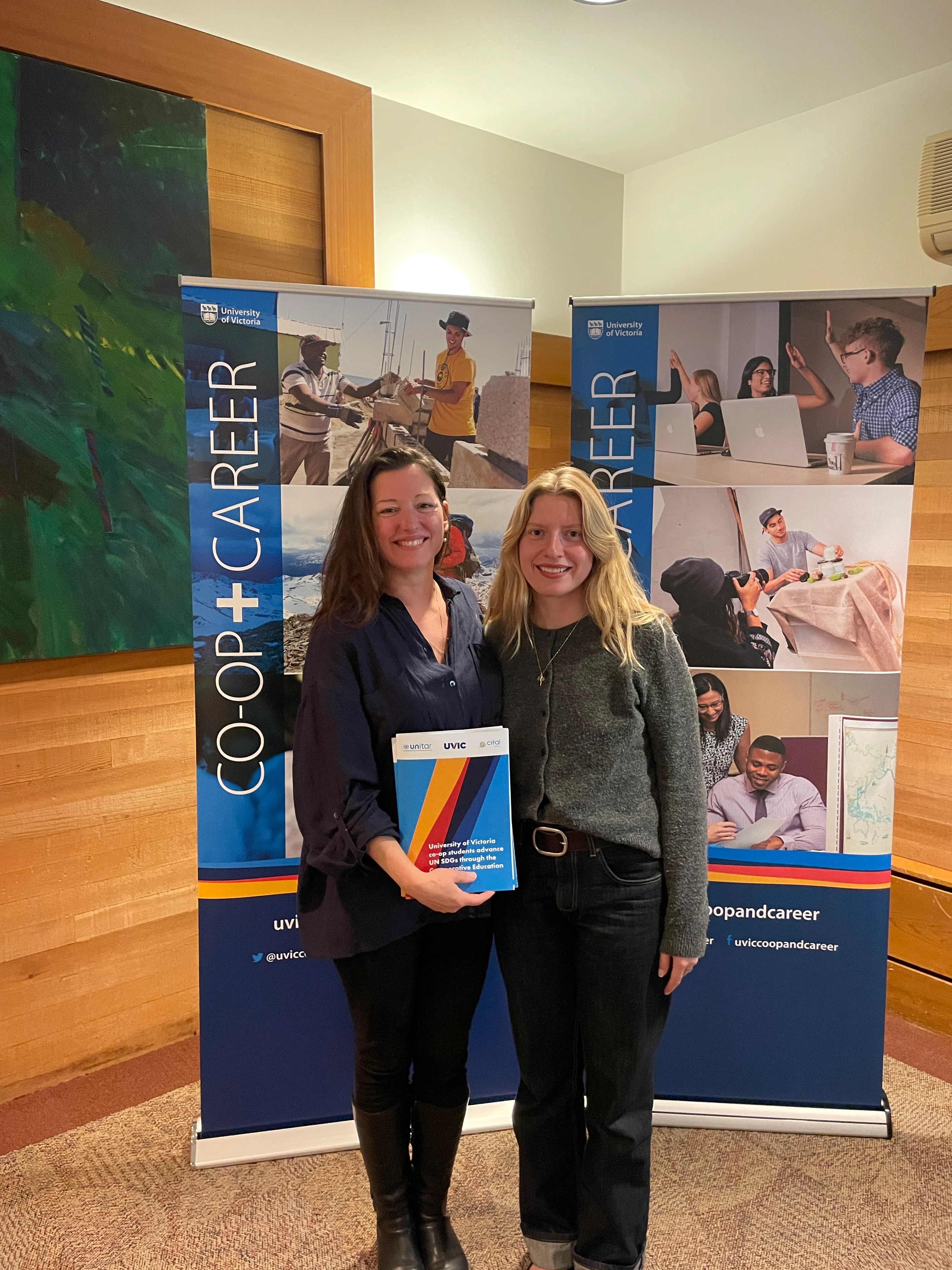 Director Crystal Tremblay with UVic “Advancing UN SDGs through Co-operative Education” student Erica Dolman.