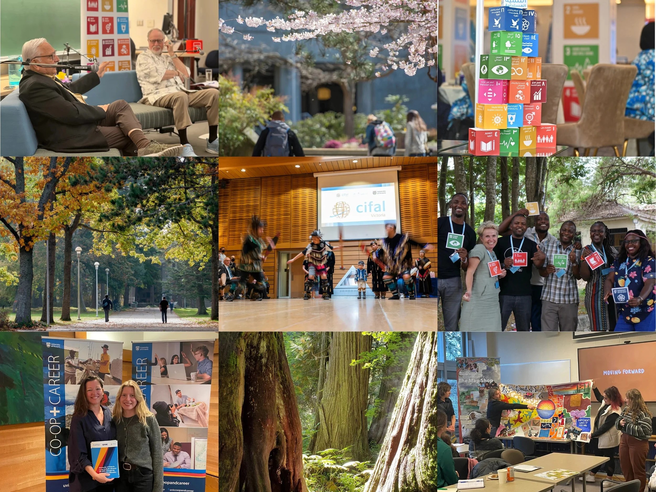 Grid of nine photos. Top row, left to right: Rajesh Tandon and Budd Hall giving a lecture on participatory research; students walking with cherry blossoms; stack of cube blocks with the UN SDG symbols printed on their sides. Middle row, left to right: Students walking down a wide path lined with autumn trees; Indigenous students dancing in the UVic First People's house at the CIFAL Victoria Opening Ceremony; participants from the 2022 CBPR Autumn School with ICLD in Dar es Salaam, Tanzania. Bottom row, left to right: Director Crystal Tremblay with UVic “Advancing UN SDGs through Co-operative Education” student Erica Dolman; Western Red Cedar trees; students presenting their final project for GEOG 411, "Co-Creating Research for Sustainable Futures".